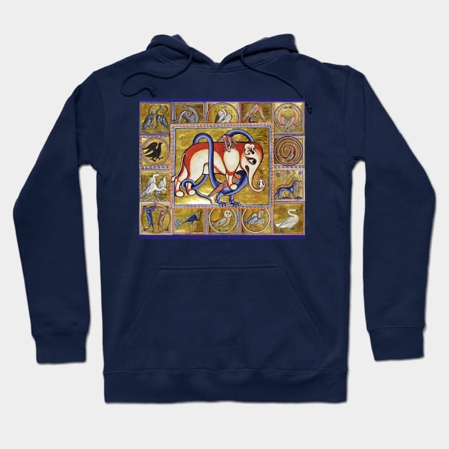 MEDIEVAL BESTIARY COMBAT, DRAGON AND ELEPHANT, FANTASTIC ANIMALS IN GOLD RED BLUE COLORS Hoodie by BulganLumini